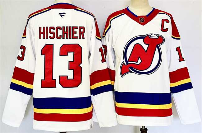 Mens New Jersey Devils #13 Nico Hischier White 2024-25 With C Patch Stitched Hockey Jersey